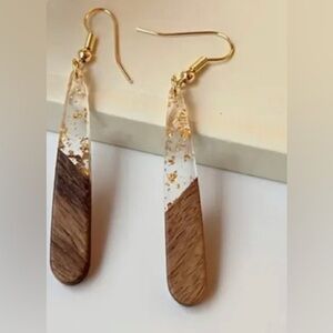 Wood clear gold resin two tone teardrop dangle earrings boho spring summer fall